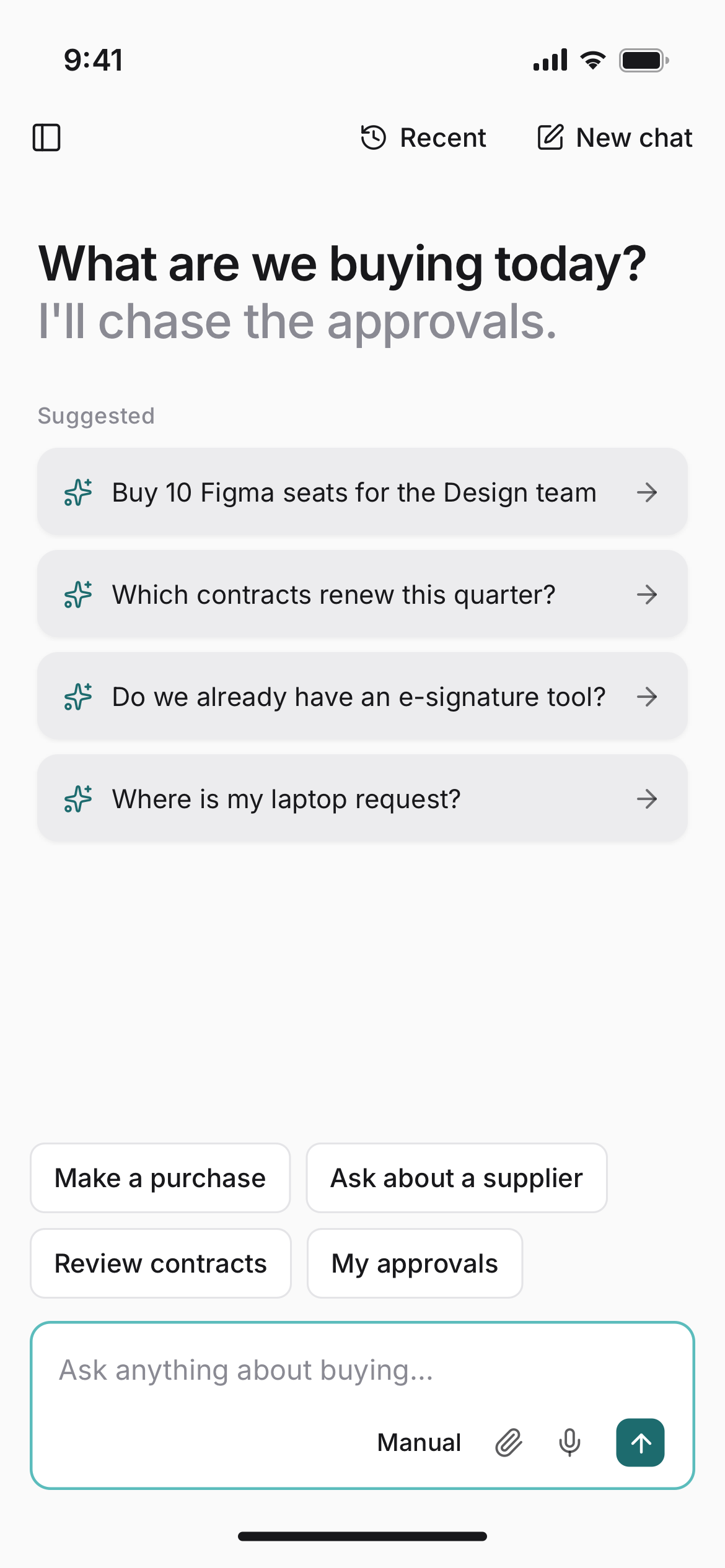 Levelpath AI assistant on mobile, offering suggested prompts and quick actions for a purchase