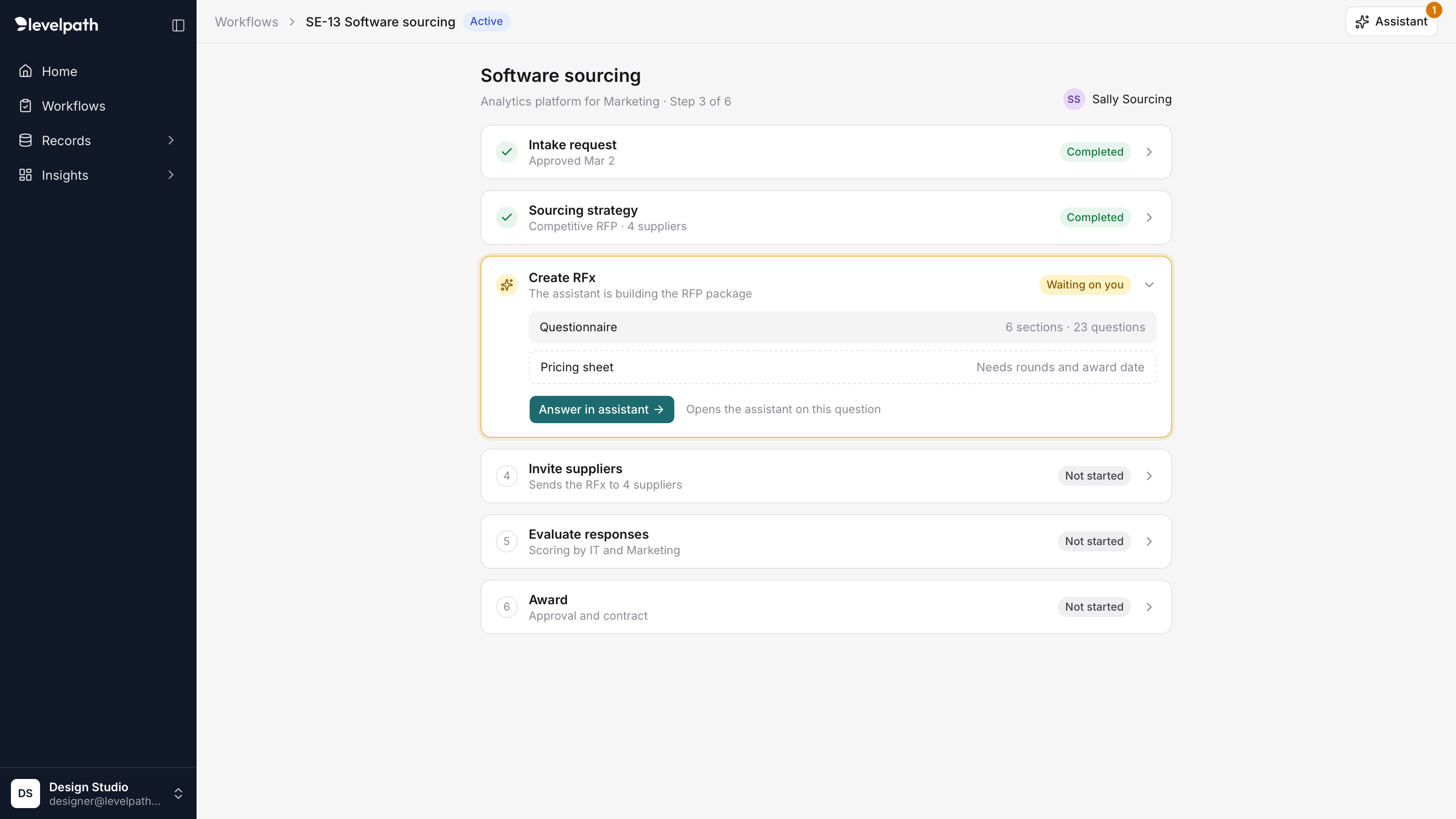 The same workflow with the assistant collapsed. The Create RFx step card is in focus and shows Waiting on you, with the pricing sheet marked Needs rounds and award date and an Answer in assistant button. The assistant button in the header has a badge.