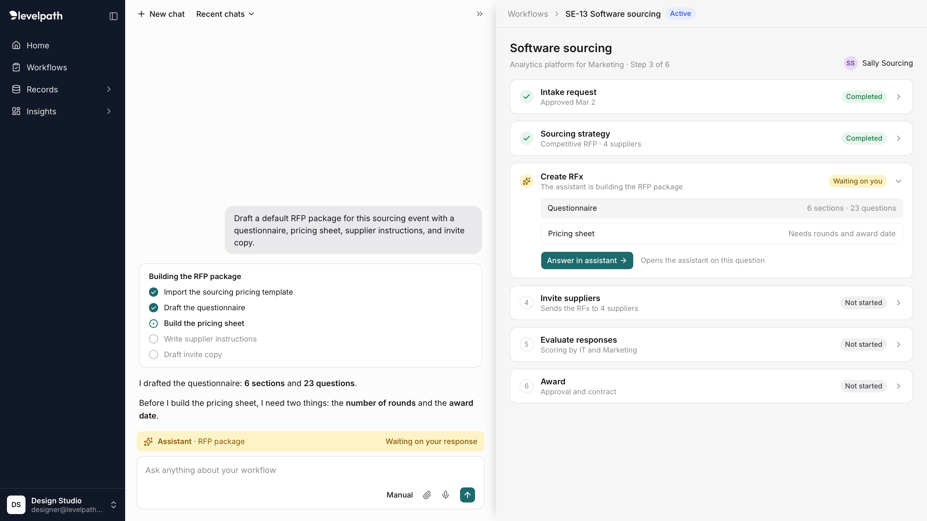A Levelpath sourcing workflow with the assistant docked on the left. The assistant shows a checklist of the steps it has completed and asks for the number of rounds and the award date. The Create RFx step card on the right shows Waiting on you, with the same request and a button back to the assistant.