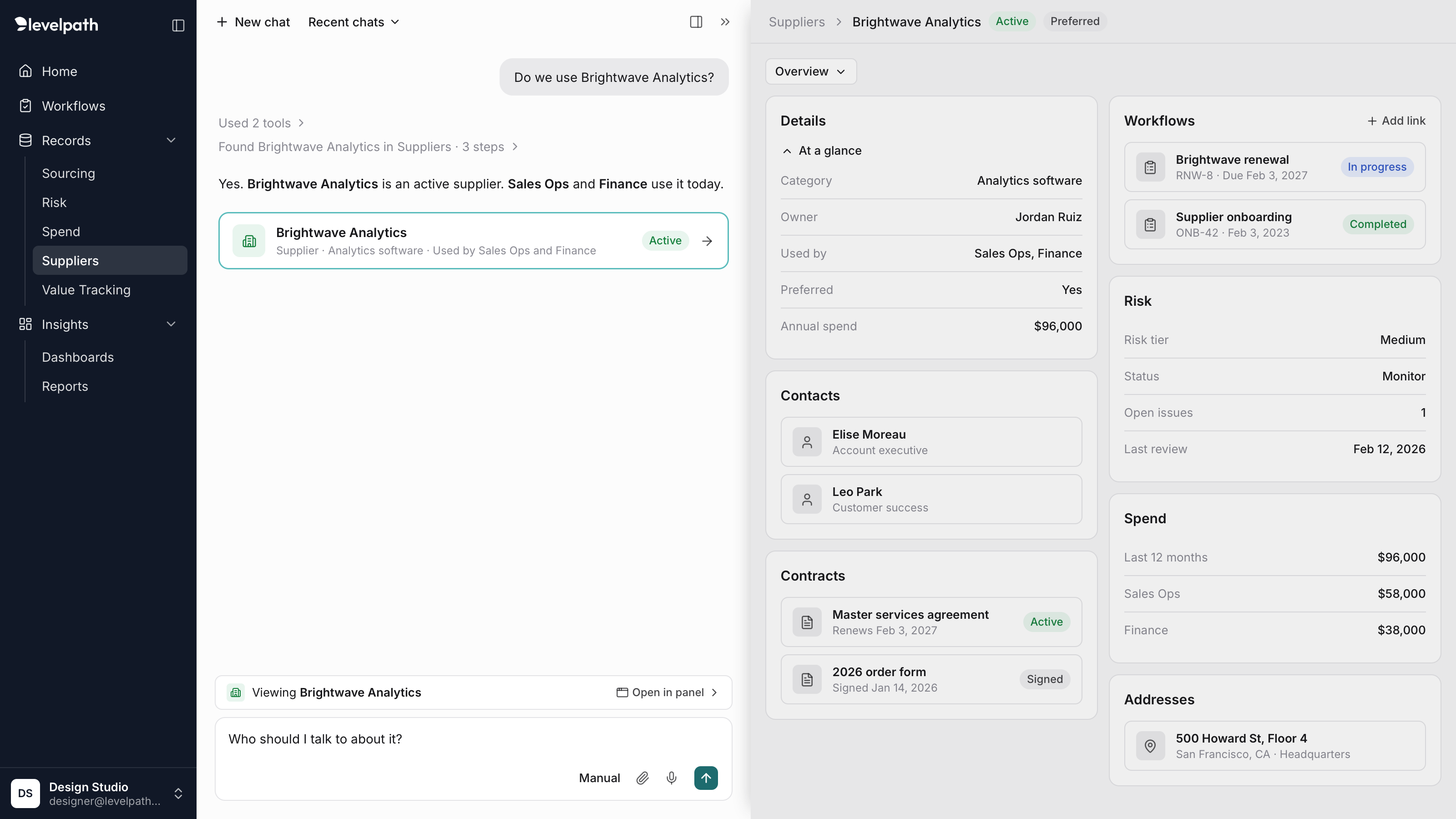 The Levelpath assistant docked beside the Brightwave Analytics supplier record. The conversation confirms Brightwave is an active supplier, the record tray above the input reads Viewing Brightwave Analytics with an Open in panel link, and the record sits in a side panel on the right.