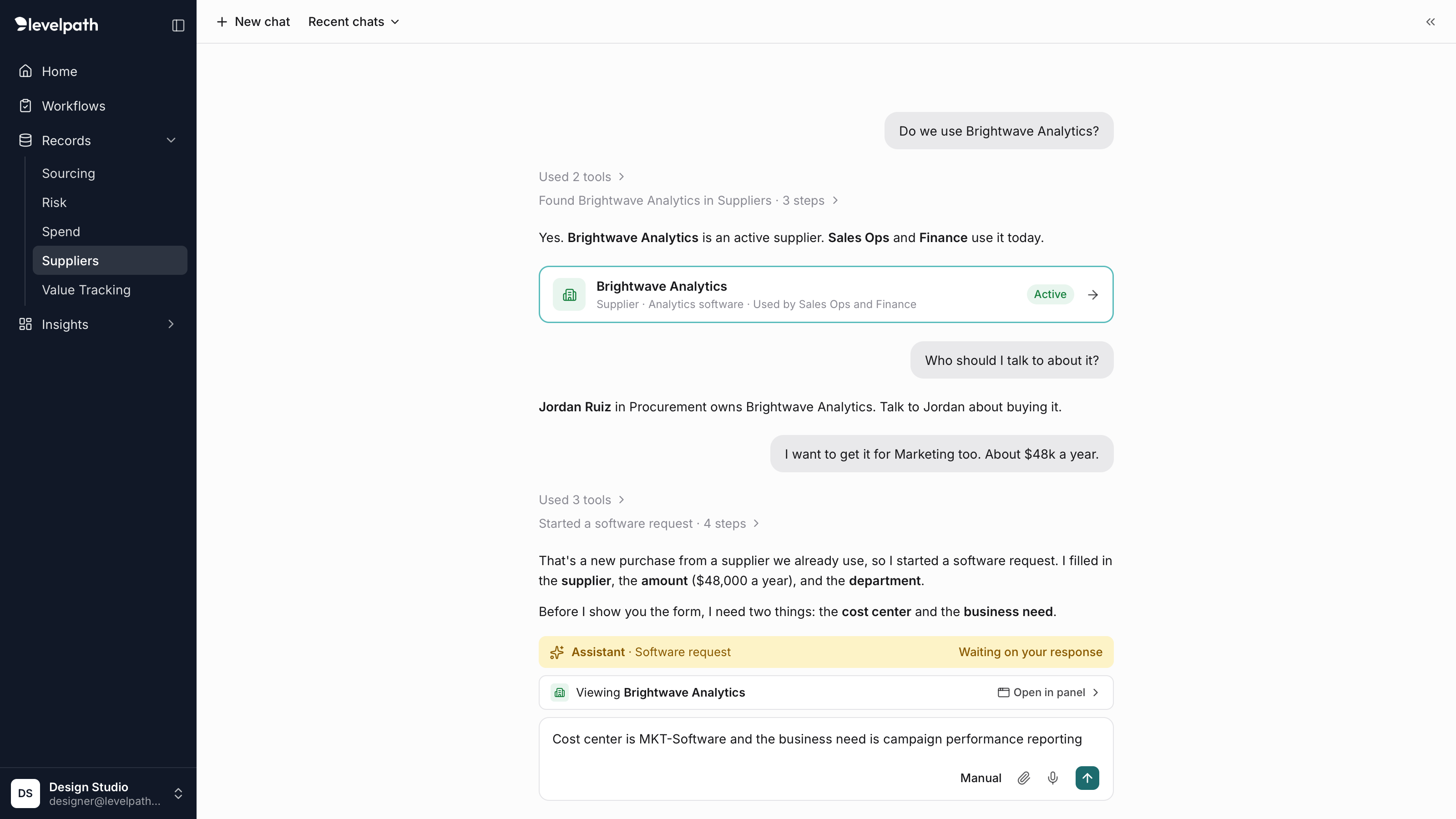 The Levelpath assistant expanded to a full page, partway through a software request, with the assistant waiting on the user's response