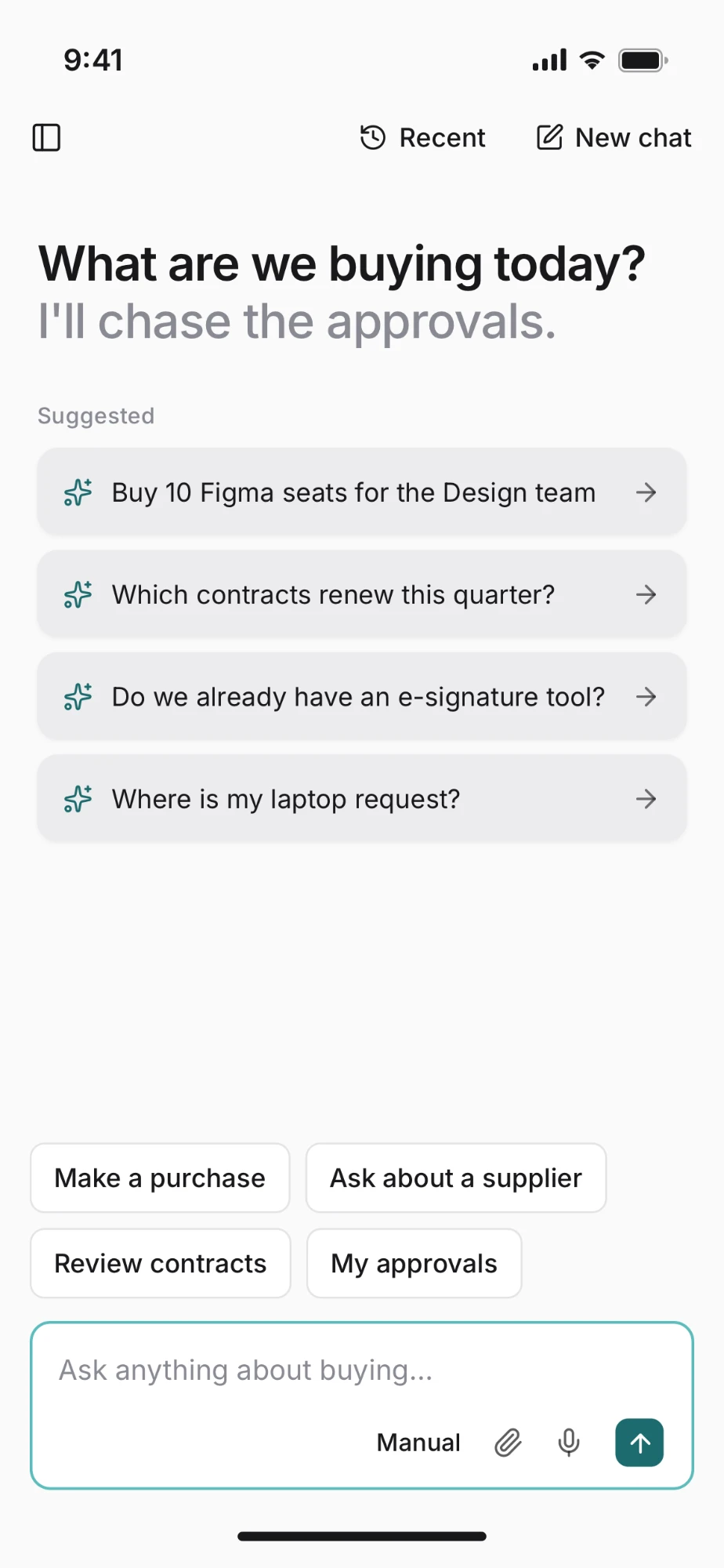 Mobile assistant empty state headed What are we buying today? I'll chase the approvals. Below it are suggested prompts, such as Buy 10 Figma seats for the Design team, and quick actions: Make a purchase, Ask about a supplier, Review contracts, and My approvals.
