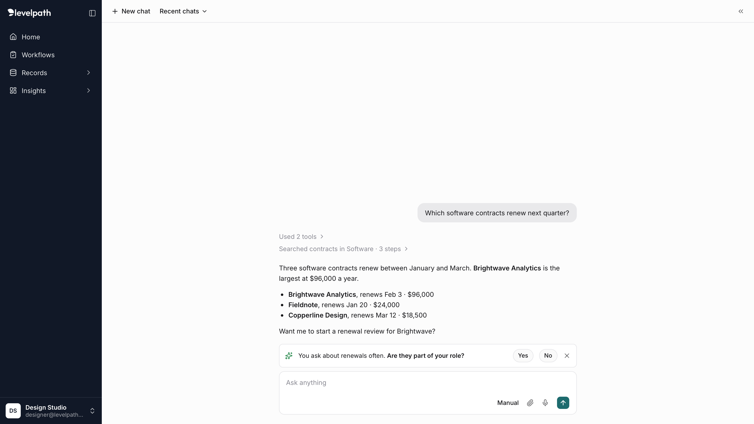 A conversation about software contracts renewing next quarter. Above the input, a note reads You ask about renewals often. Are they part of your role? with Yes and No buttons and a close icon.