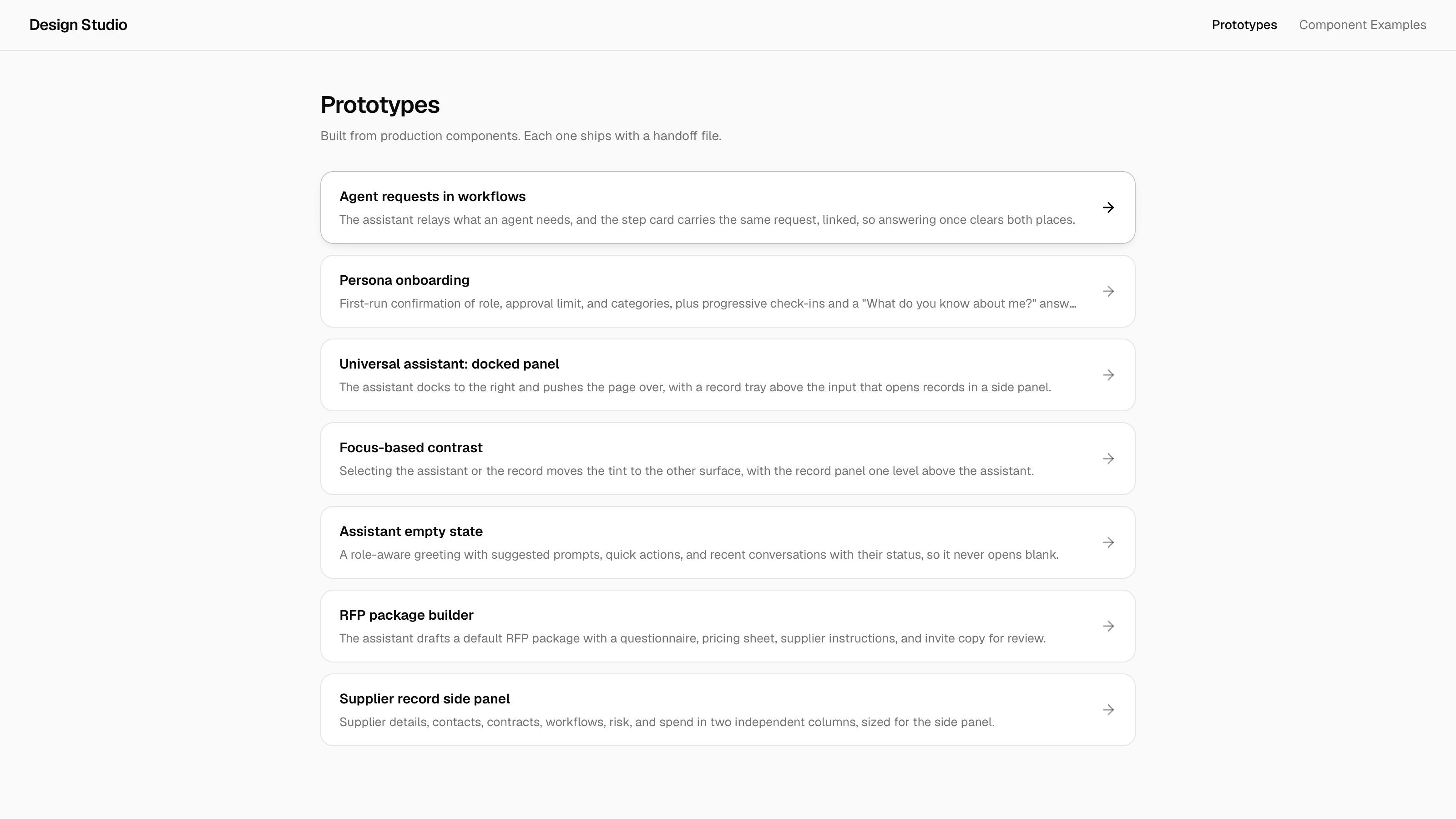 Design Studio's prototype list. Each prototype sits in its own rounded card with a title, a truncated description, and an arrow, and the header has Prototypes and Component Examples tabs.