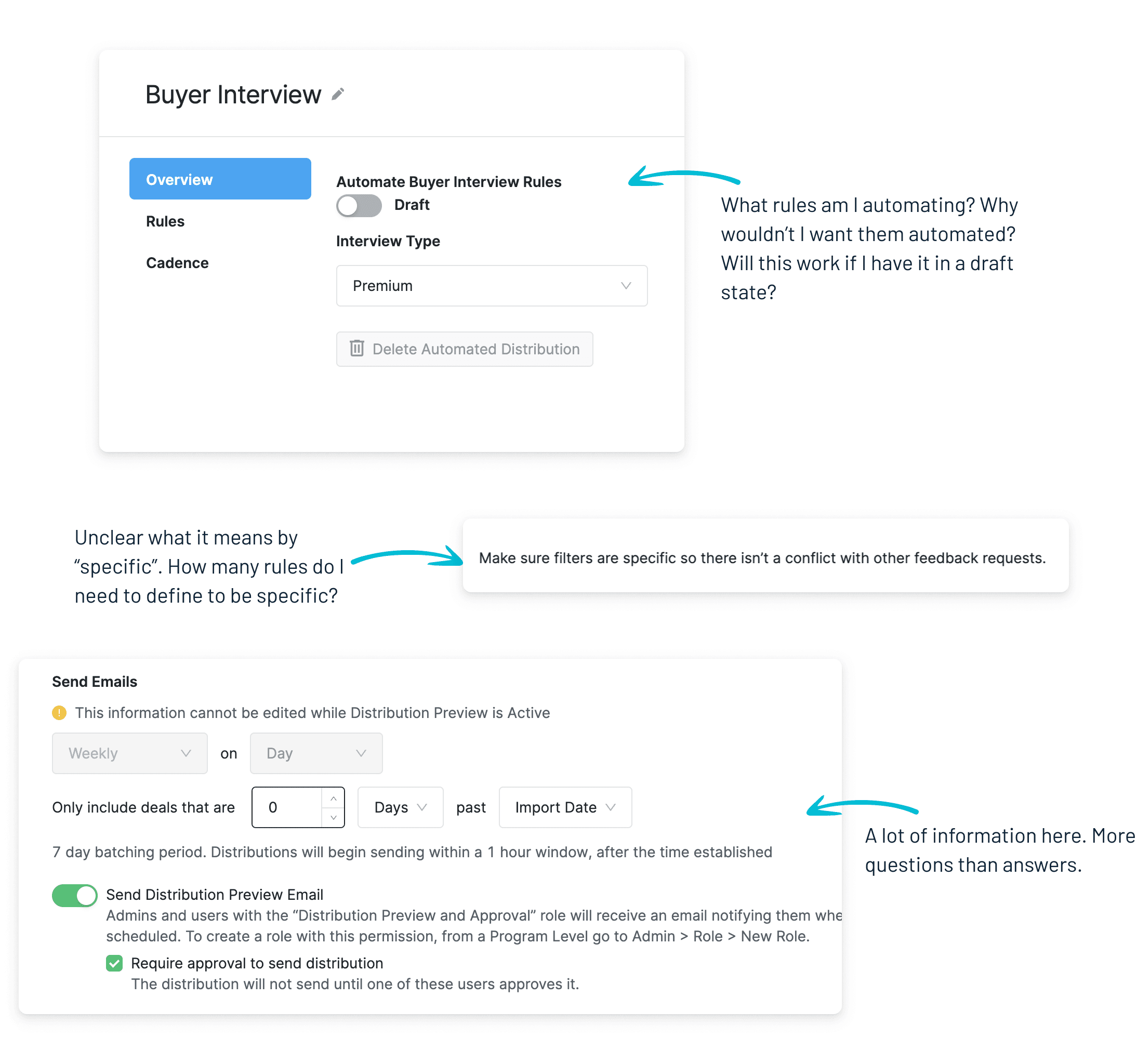The old automation settings, annotated with questions such as "What rules am I automating?" and "A lot of information here. More questions than answers."