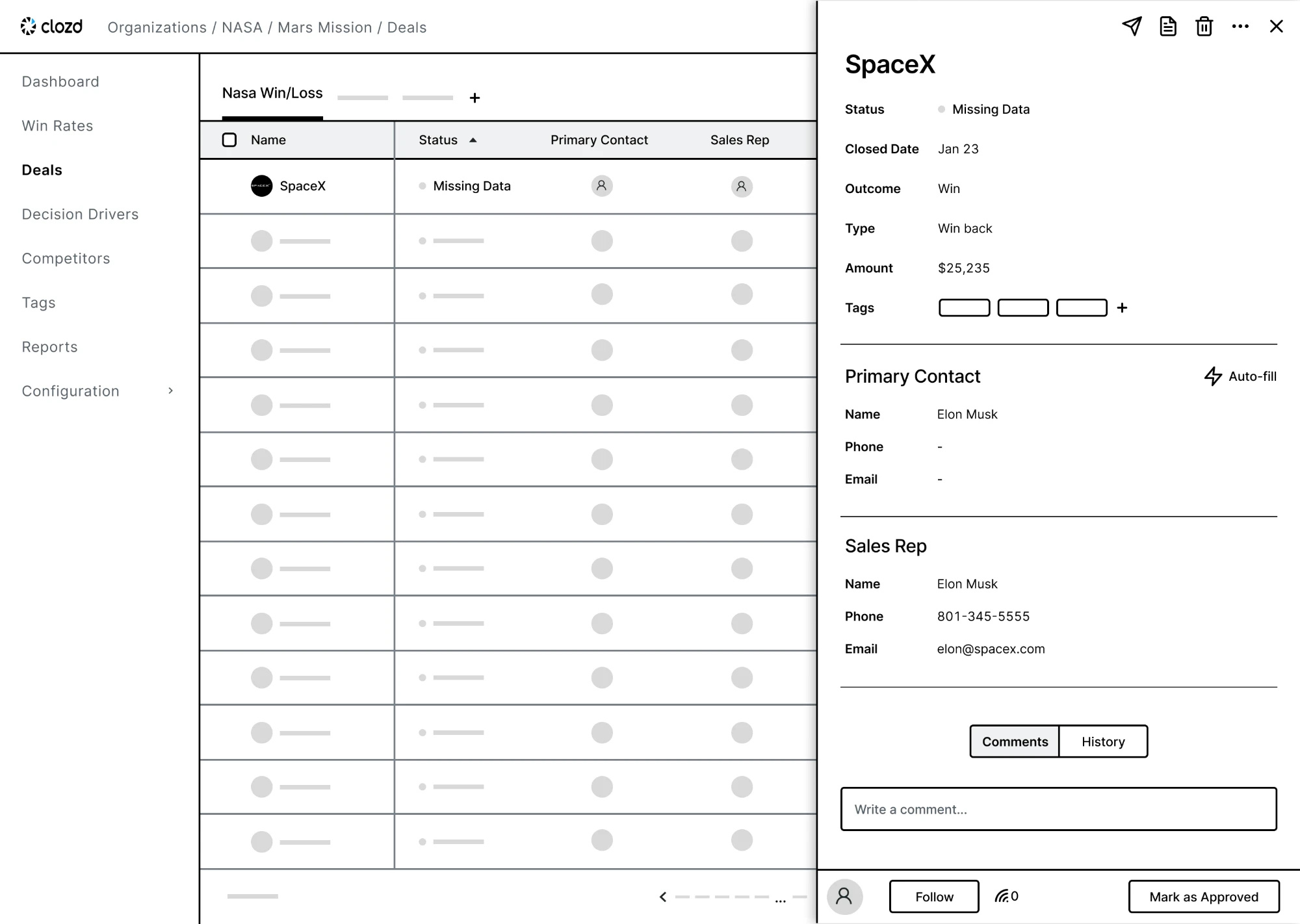 Wireframe of a deal drawer showing a deal with Missing Data status, its primary contact with an auto-fill option, the sales rep, comments and history, and a Mark as Approved button
