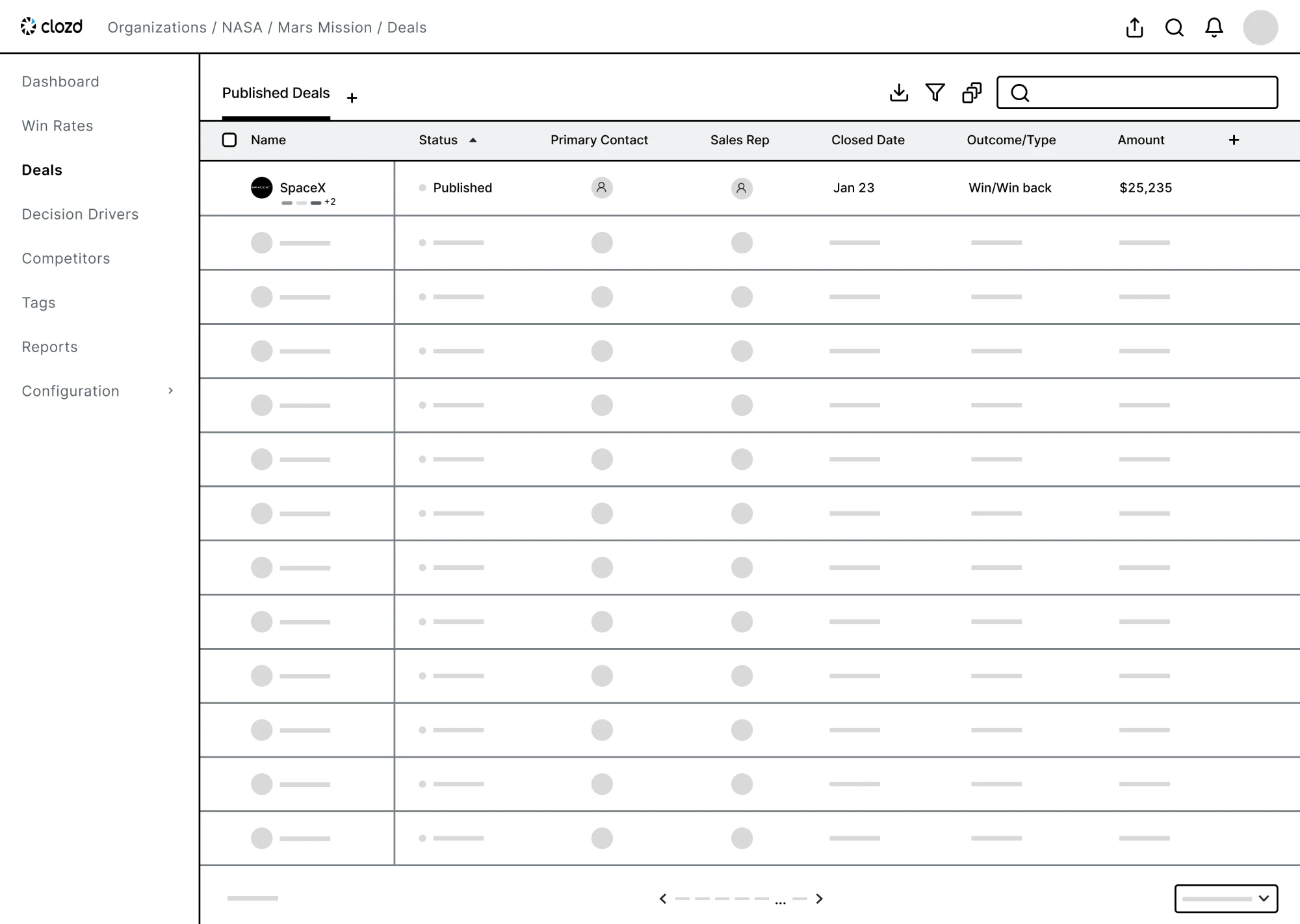 Wireframe of a Published Deals table with columns for name, status, primary contact, sales rep, closed date, outcome, and amount
